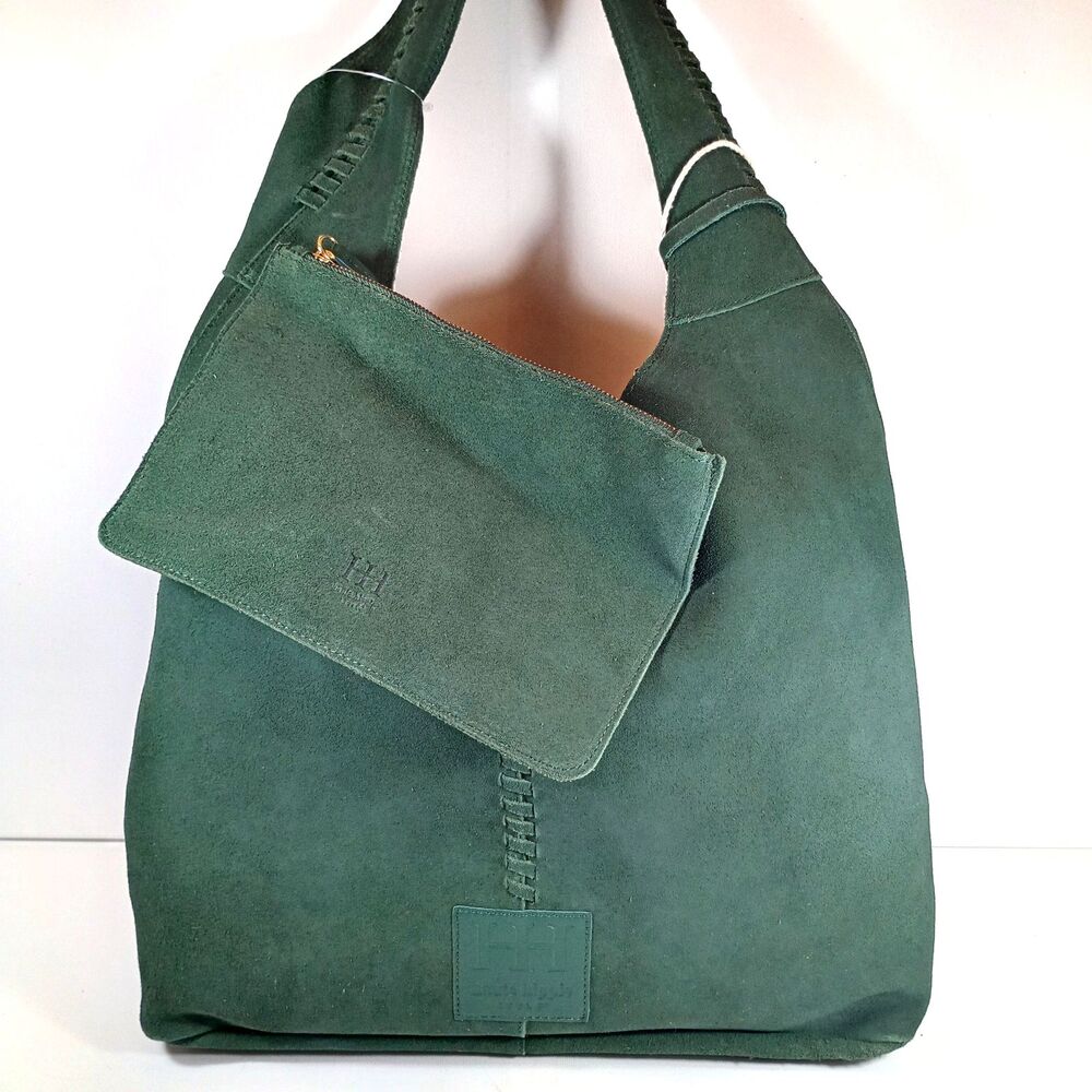 Haute Hippie Style Green Suede Hobo Bag & Detachable Pouch Genuine Leather NWT